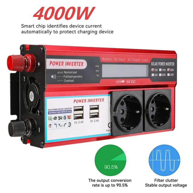 12V zu 220V Stromwechselrichter 4000W Farbdisplay Solar-Stromwandler Tragbarer Stromwandler Ideal für Wohnmobile und Camping