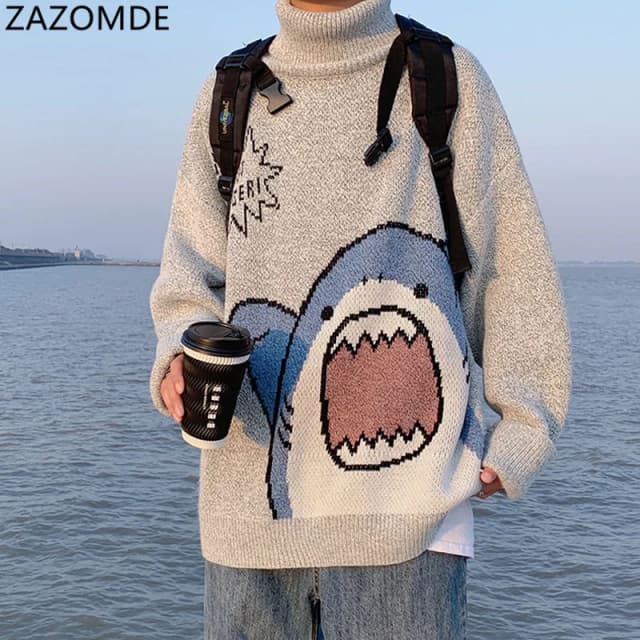 Zazomde Männer Roll kragen pullover Hai Pullover Männer 2023 Winter Patch wor Harajuku koreanischen Stil High Neck übergroßen grauen Roll kragen pullover für Männer
