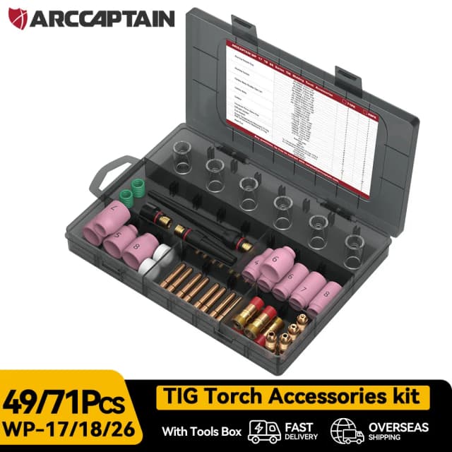 ARCCAPTAIN WP-17/18/26 WIG-Schweißbrenner-Zubehör-Set, 49/71 Stück, Düsen-Spannzangen, Körper, Stubby, Gaslinse, Glasbecher, Verbrauchsmaterial-Set