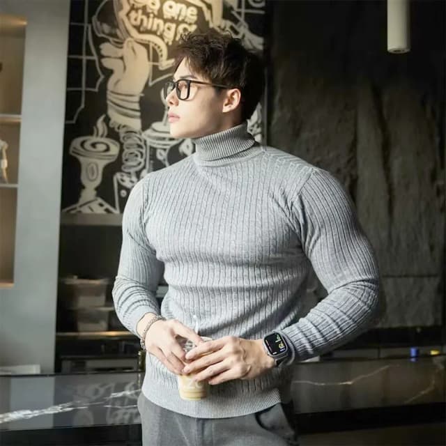 Neue männer Rollkragen Pullover Herbst Gestrickte Gestreifte Streetwear Warme Lange Ärmeln Pullover Einfarbig Grundlegende Stil Casual Tops