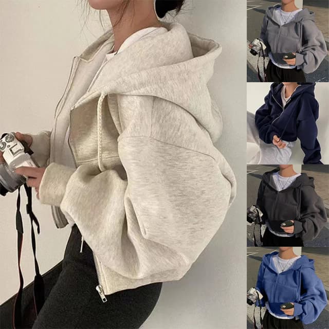 2025, Frühling und Herbst, neu, Übergröße, mit Fleece gefüttert, abgeschnitten, Slims, glättet Silhouette, Reißverschluss, warm, marineblau, Kapuzenpullover für Damen