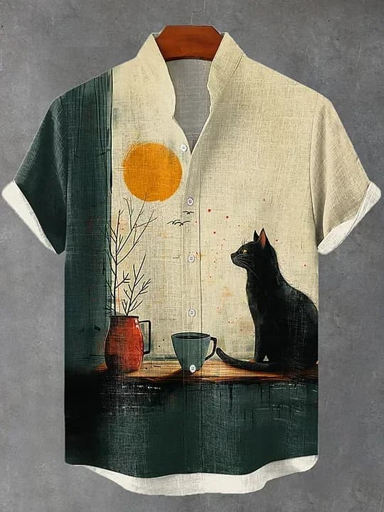 Sommer männer Retro Cartoon Anime Katze Thema Kurzarm Shirt Kurzarm Tops Mode Lässig Urlaub Streetwear männer hemd