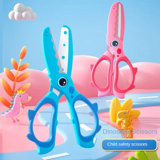 M&G 135 mm Schere, arbeitssparender Handschutz, Cartoon-Handarbeitspapierschere für Kinder, kleiner Dinosaurier, Blau, Rosa