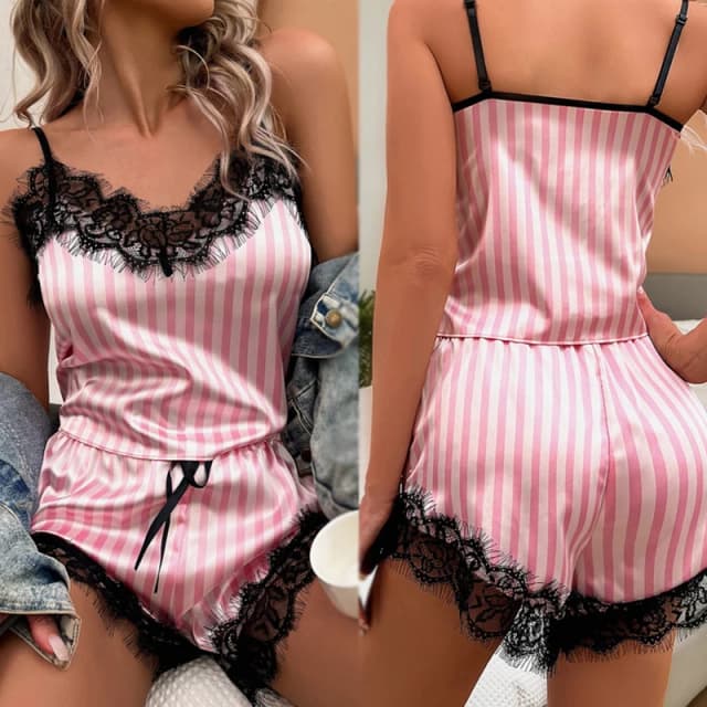 Zweiteilige Damen V-Ausschnitt sexy Spitze Hosenträger Pyjama Shorts Set lässig Frauen ärmellose sexy Pyjama Set
