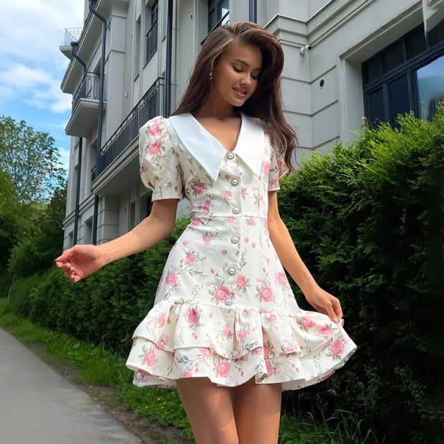 Tornova Print Puffärmel Rüschenkleid Damen V-Ausschnitt Hohe Taille Perlenknöpfe Minikleid Weiblich Casual Urlaub Mode Kleid