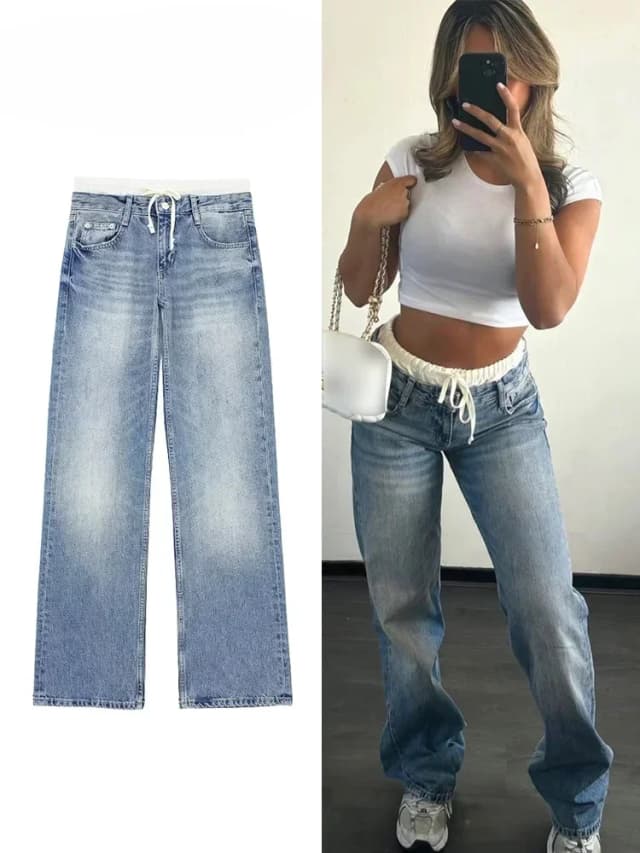 Lässige Jeans mit hoher Taille und weitem Bein, Basic-Stil, schlankmachend, schlichtes Design, Zr-Einkaufszentrum, ähnlicher Stil, schmale Passform für alle Jahreszeiten