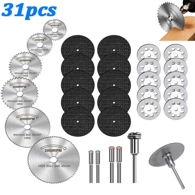 31-teilige Trennscheiben, HSS-Kreissäge, Mini-Bohrer, Drehwerkzeug, mehrere Größen, zum Schneiden von Metall, Holz, Stein, PVC