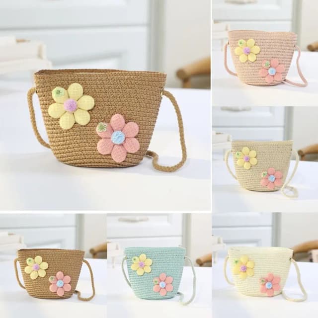 Reißverschluss Mädchen Blume Stroh Tasche Geldbörse Nette Foto Requisiten Kind Messenger Taschen Lagerung Korb Handarbeit Gewebt Umhängetasche Handtasche