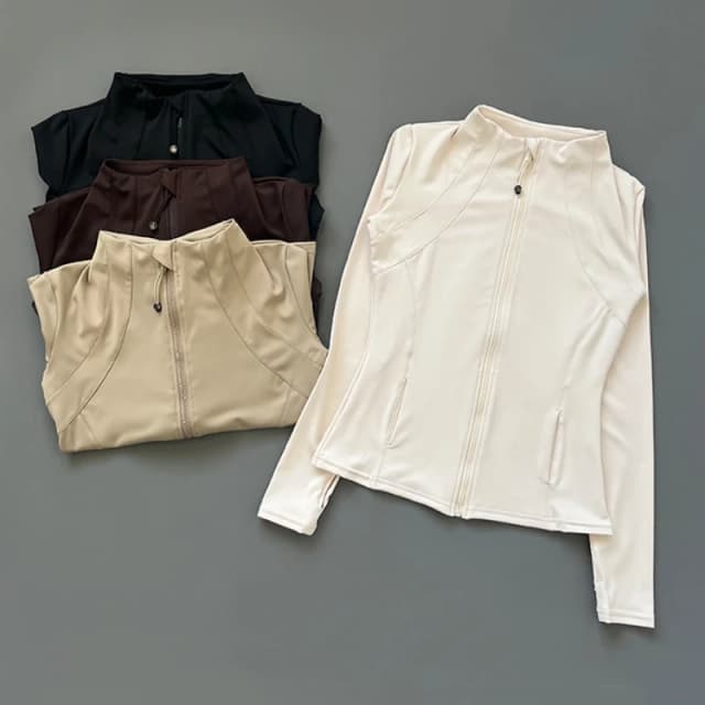 Schnell trocknende Fitnessjacke mit Stehkragen für Damen, schmal geschnittener Reißverschluss, Yoga-Kleidung, langärmelig, atmungsaktiv, für Laufsport, Radfahren