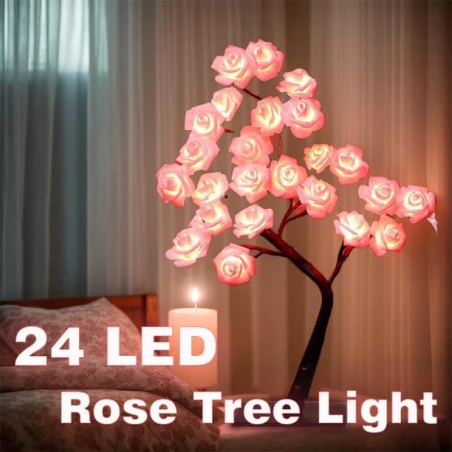 24-LED-Rosenbaumlampe, USB-betriebenes Rosenblüten-Nachtlicht, Halloween, Weihnachten, Neujahr, ideale Schlafzimmer- und Tischdekoration, Geschenk
