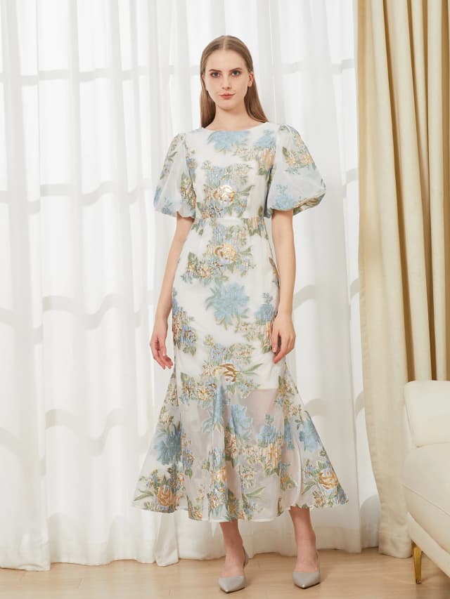 DEVCHATA Elegantes Blumen-Organza-Fischschwanz-langes Kleid, Maxi-Luxus-Meerjungfrau-Abendkleid, Puffärmel, modisches, schlankes Party-Club-Kleid