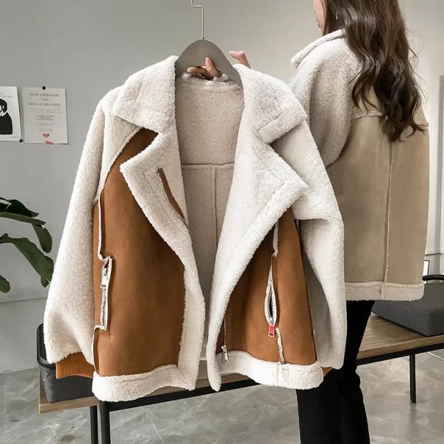 Pendler Wind Casual Lose Lamm Wolle Biker Jacke, Herbst und Winter Neue Wildleder Revers Patchwork Zipper Verdickung Jacke Frauen
