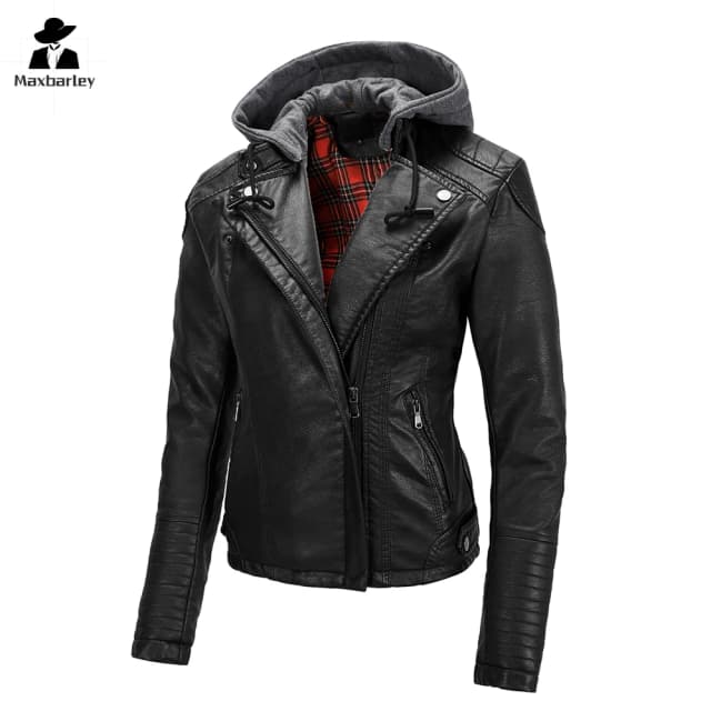 Neue Kapuzen lederjacke Frauen Herbst Vintage Kunstleder Slim-Fit abnehmbare Pu-Mantel Mode schrägen Reiß verschluss Motorrad jacke