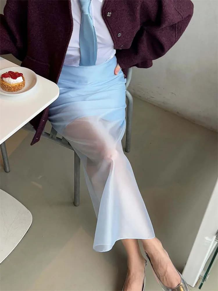 Tossy Sommer Durchsichtigen Hohe Taille Langen Rock Weibliche Dünne Patchwork Casual Solide Pendeln Y2k Rock frauen Mesh Maxi rock 2025