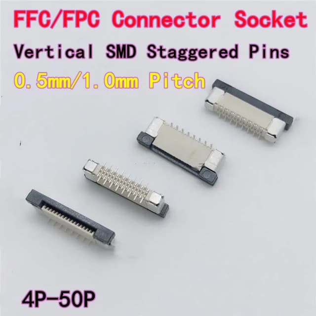 10 Stück FFC/FPC-Steckverbinderbuchsen, 0,5 mm 1,0 mm Rastermaß, vertikaler SMD-Typ mit Verriegelung, versetzte Stifte, 6P/8~50P