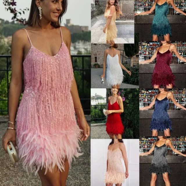 Minikleid mit Pailletten und Fransen und Federbesatz, glitzerndes Partykleid mit V-Ausschnitt, ärmellos für Damen, Club-Nacht