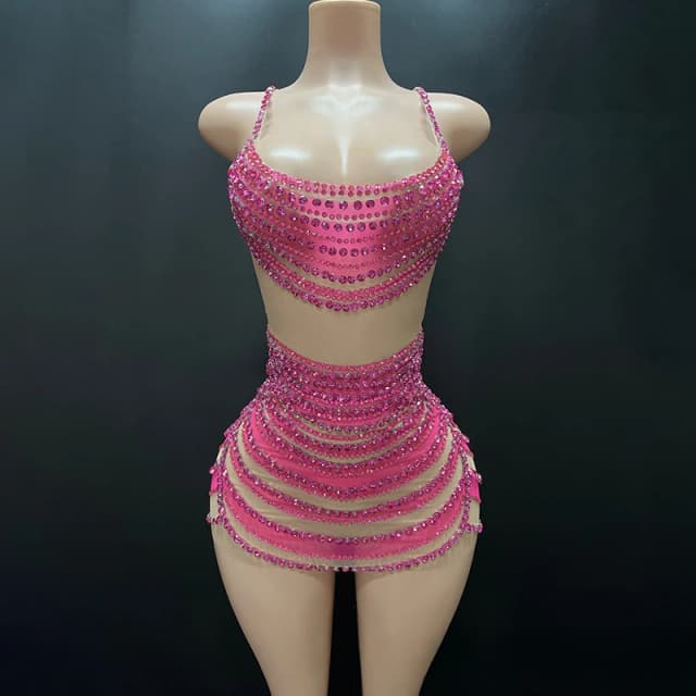 Dünne Hosenträger Fake Meat Mini Hüftrock Bar Tanzkleid Musik Festival Sänger Kostüm Party High-End-Performance-Kleid Vestito