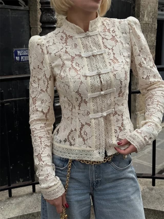 Tossy Sommer Spitze Gedruckt Shirts Tops Weibliche Aushöhlen Mode Pendeln Vintage Durchsichtige Bluse frauen Spitze Shrug Shirts neue