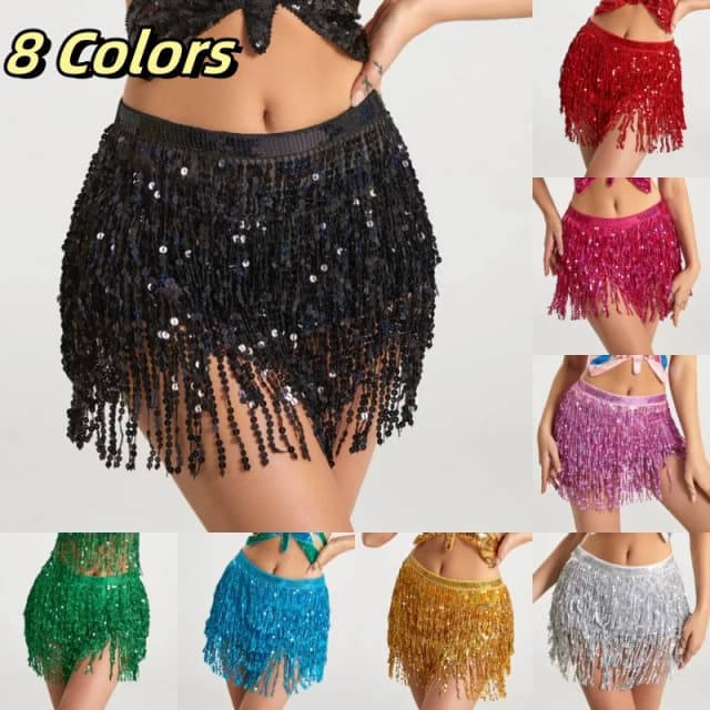 Latin Dance Hula Kurzer Rock Kleid Bühne Karneval Party Performance Hüfttuch Dreischichtige Quaste Bauchtanz Pailletten Taillenkette