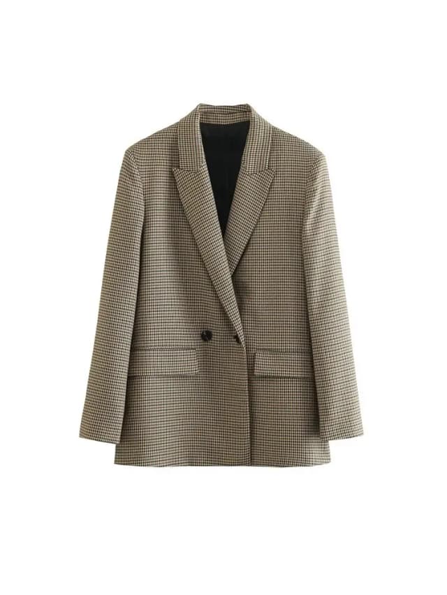 Frauen Mode Zweireiher Plaid Blazer Mantel Vintage Langarm Patten Taschen Weibliche Oberbekleidung Chic Vestes Femme