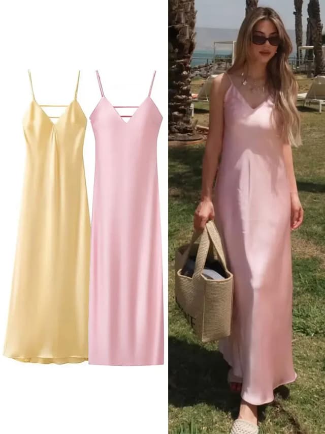 HH Rosa Fleck Sling Kleider Frauen Elegante V-ausschnitt Ärmelloses Rückenfreies Dünnes Langes Kleid 2025, Sommer Dame Party Urlaub Kleid