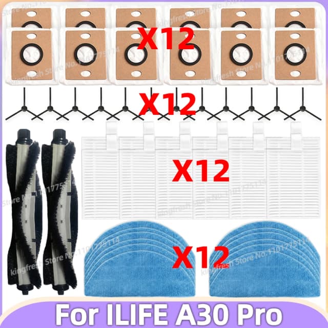 Kompatibel für (ILIFE A30 Pro) Staubsaugerteile, Hauptwalze, Seitenbürsten, HEPA-Filter, Mopptuch, Staubbeutel, Zubehör