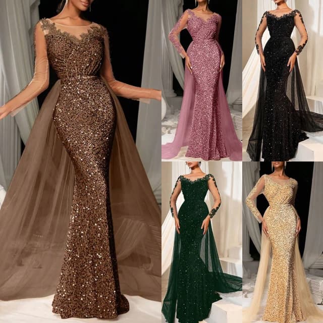 2023 Neues elegantes Abendkleid mit langen Ärmeln und Spitze, tiefem V-Ausschnitt, bodenlanger Zug für Gala-Party-Hochzeit ​