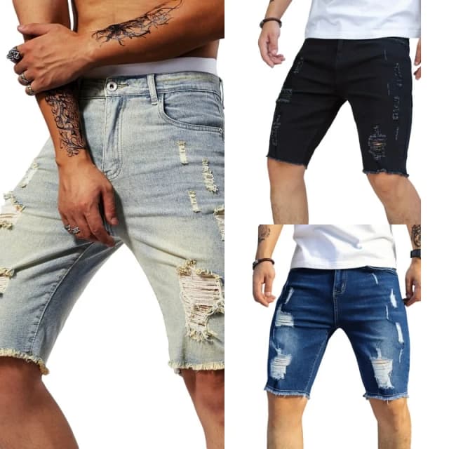 Männer Sommer Casual Persönlichkeit Unregelmäßigen Fuß Denim Shorts Wolle Zerrissene Vintage Straße Fünfte Jeans