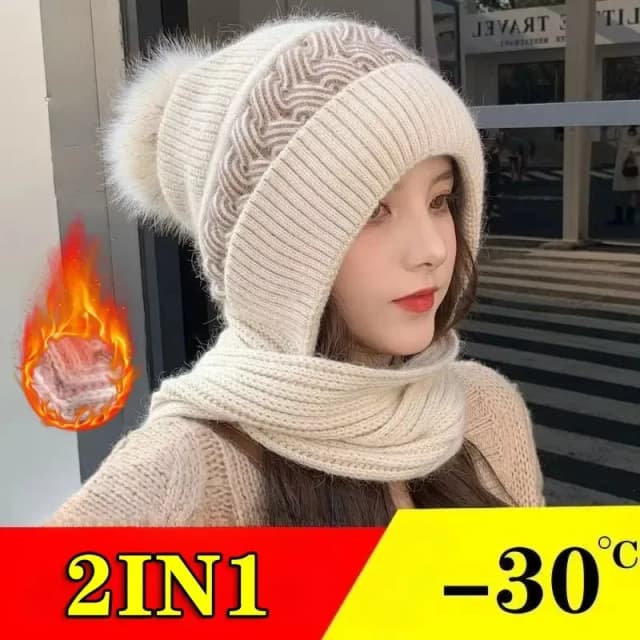 Hut Schal All-in-one Weibliche Winter Warme Kaninchen Haar Gestrickte Kappe Radfahren Gehörschutz Gepolsterte Nette Kalt-beweis Hals Kappe