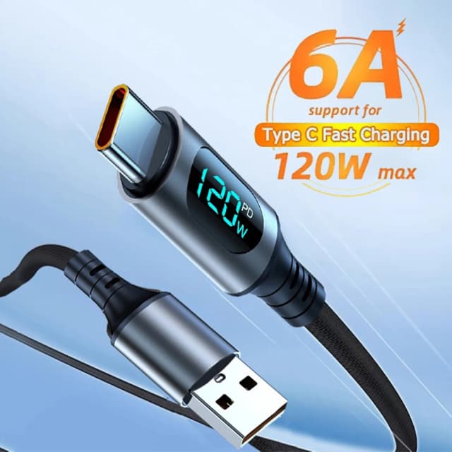120W Typ C Schnellladekabel mit LED-Digitalanzeigekabel 6A Nylon-Datenkabel für Xiaomi Samsung iPhone Datenübertragungskabel