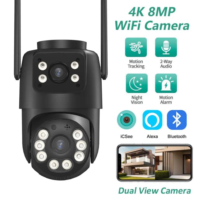 BELIA 4K 8MP WiFi-Überwachungskamera, 4-facher Digitalzoom, PTZ-IP-Kamera ONVIF Dual Lens, KI-Menschenerkennung, Sicherheit im Freien ICSEE