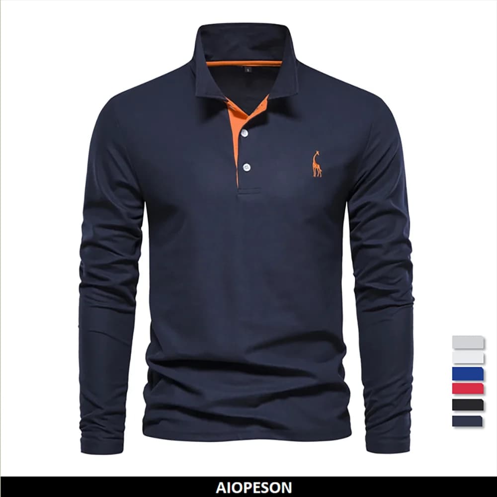 AIOPESON 2023 Neue männer Deer Stickerei Polo Shirts Einfarbig Langarm Social Business Männlich