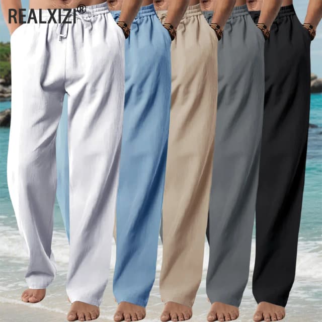 Männer Casual Lange Hosen Sommer Lose Atmungsaktive Strand Hosen Einfarbig Kordelzug Elastische Taille Männliche Hosen