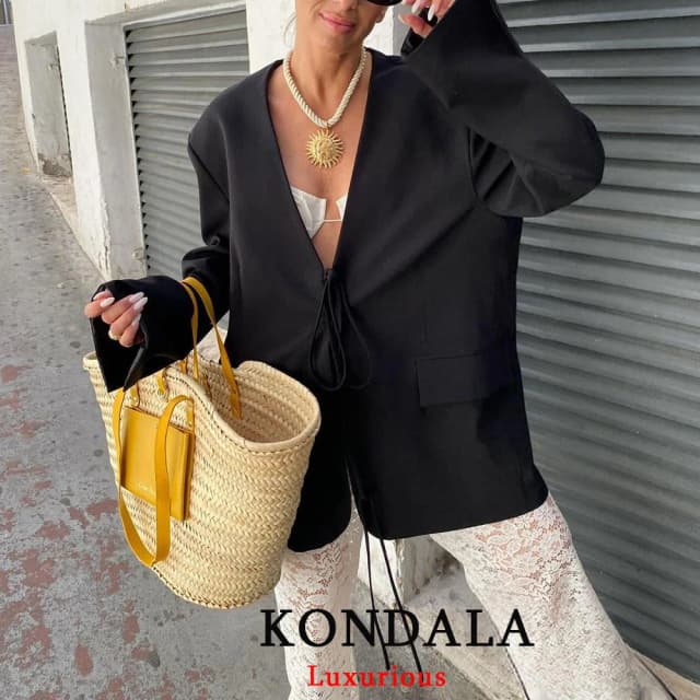 KONDALA Casual Übergroßen Schwarzen Blazer Frauen V-ausschnitt Fliege Taschen Lose Jacken Mode 2025, Herbst Streetwear Frauen Outwears