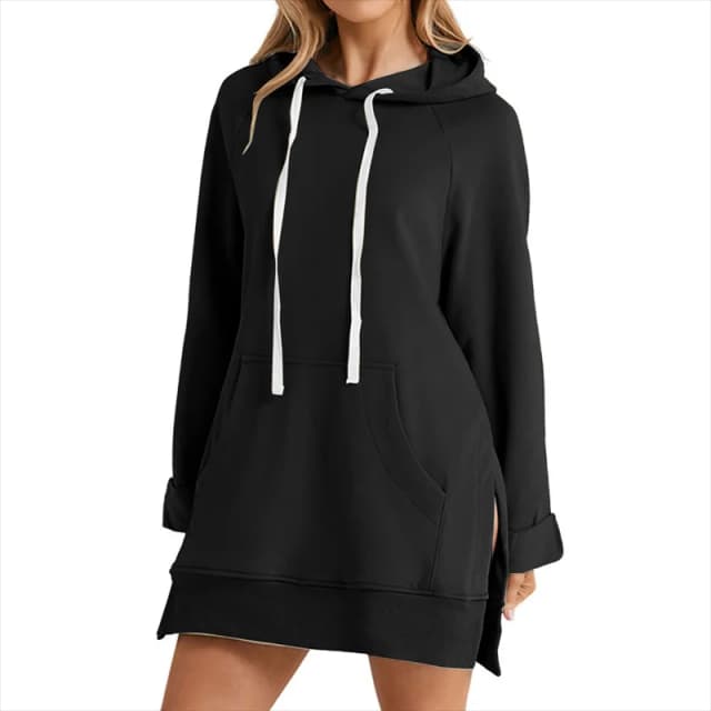 Damen-Kapuzenkleid mit Schlitz am Saum, Kordelzug, locker, mit großer Tasche, Kapuzenpullover, mittellanges Oberteil, Pendeln, Dating, Sport, KapuzenpulloverCYXX385