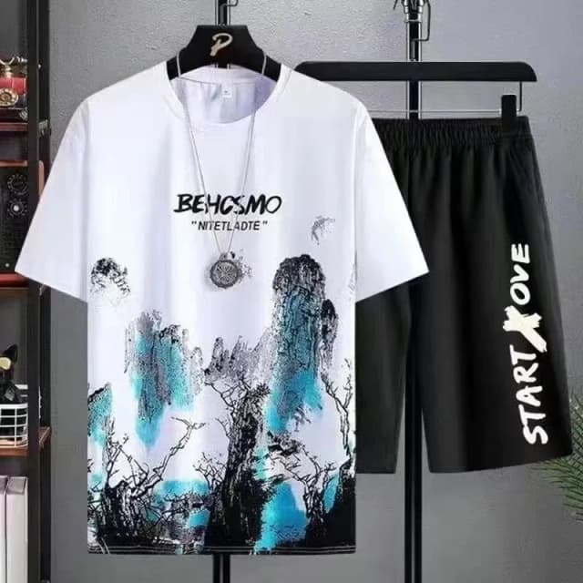 2025 sommer Dünne beiläufige Männer set Manga Graffiti Tees T-shirt + shorts 2 stück Bequeme und atmungsaktive männer Top print T-shirts sets