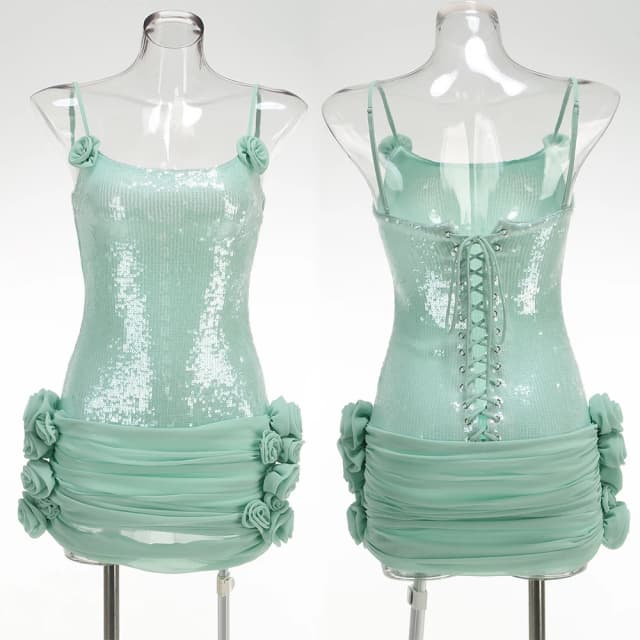 Glitzerndes, sexy Minikleid mit Pailletten, ärmellos, rückenfrei, zum Binden, Blumen, gerüscht, Ballkleider, Cocktail-Abendkleid, Hochzeitsgastkleid