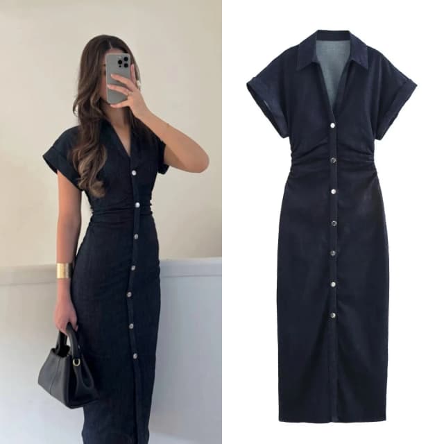 ETJ 2025 Frühjahr Neues Denim-MIDI-Kleid der 1975-Serie mit Revers und seitlichem Reißverschluss, modisches, schlankes, elegantes Kleid mit Faltenbund