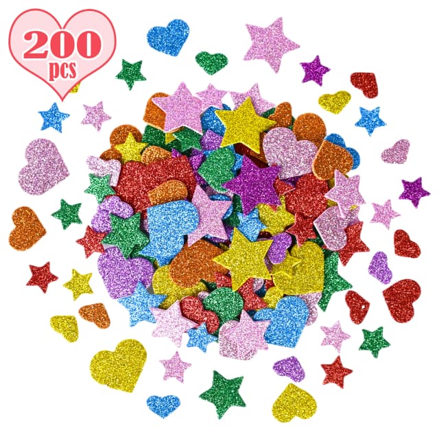 200 Stück bunte Glitzer-Schaumstoff-Aufkleber, selbstklebende Sterne, Mini-Herzformen, Glitzer-Aufkleber, Kunsthandwerk für Kinder, Gree