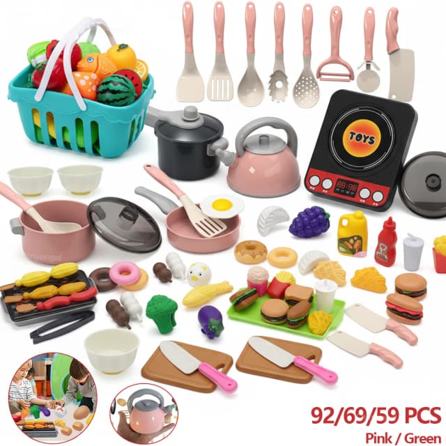 Kinder-Küchenspielzeug-Set, 92/69/99-teilig, zum Spielen von Speisen mit Töpfen, Pfannen und Utensilien, kleines Kochspielzeug für Kleinkinder, Mädchen und Jungen, Geschenk