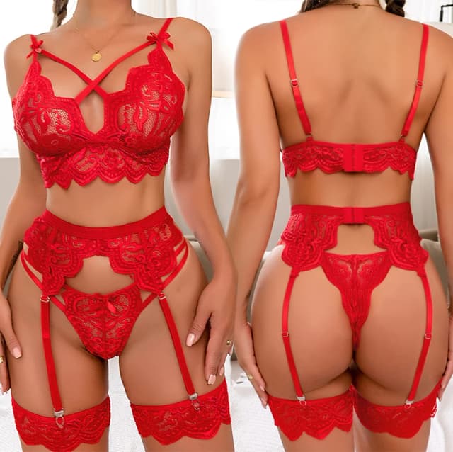 Set di lingerie sexy in pizzo da donna Set di bikini erotico in pizzo Teddy 3 pezzi Set di reggiseni e slip con reggicalze Vedi attraverso la lingerie babydoll per le donne