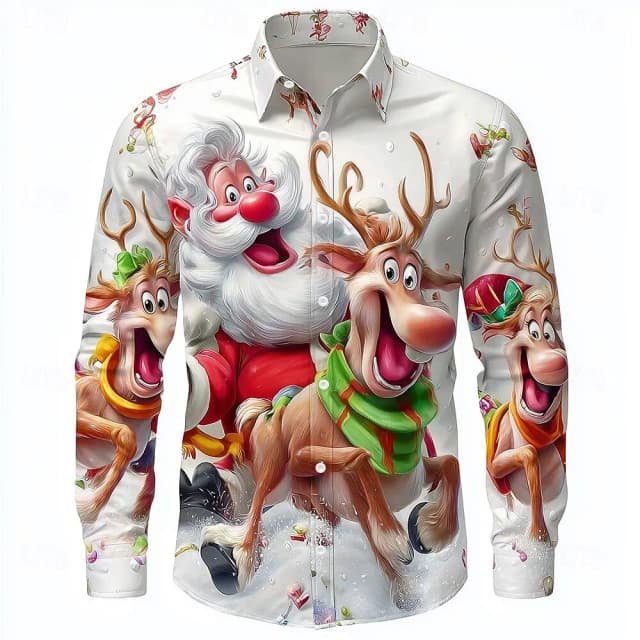Weihnachten Herren 3D Grafik Langarm, Street Style Mode, Cartoon Weihnachtsmann Rentier Drucke Design, 2025 Herbst Freizeithemd