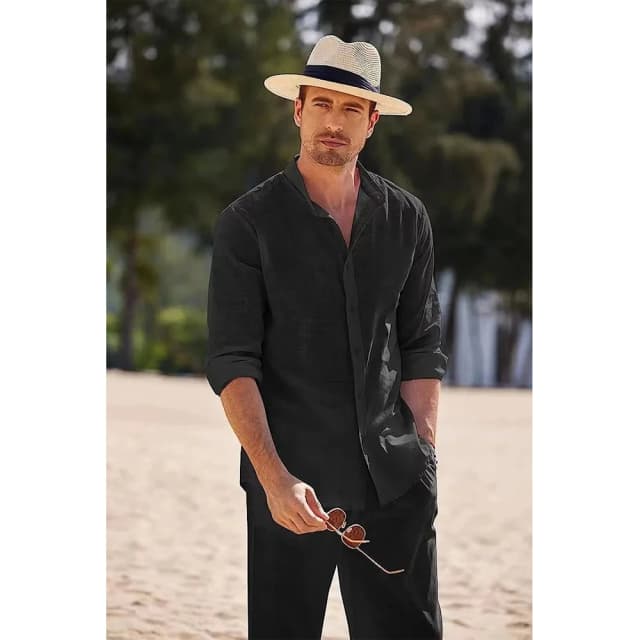 Herren Casual Baumwolle Leinen Zweiteilige Sets Strand Vintage Basic Hemden und Hosen Einfarbig Casual Anzug Männliche Hawai Trainingsanzüge Set