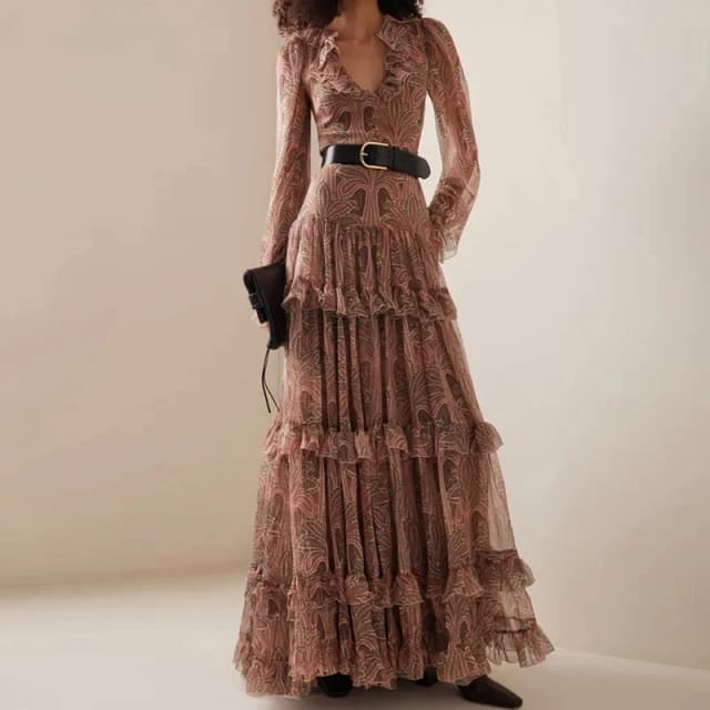 2024 herbst Casual Böhmen Kleider Elegante V-ausschnitt Rüschen Hohe Taille Abendkleid Frauen Mode Gedruckt Mesh Gefaltete Lange Kleid