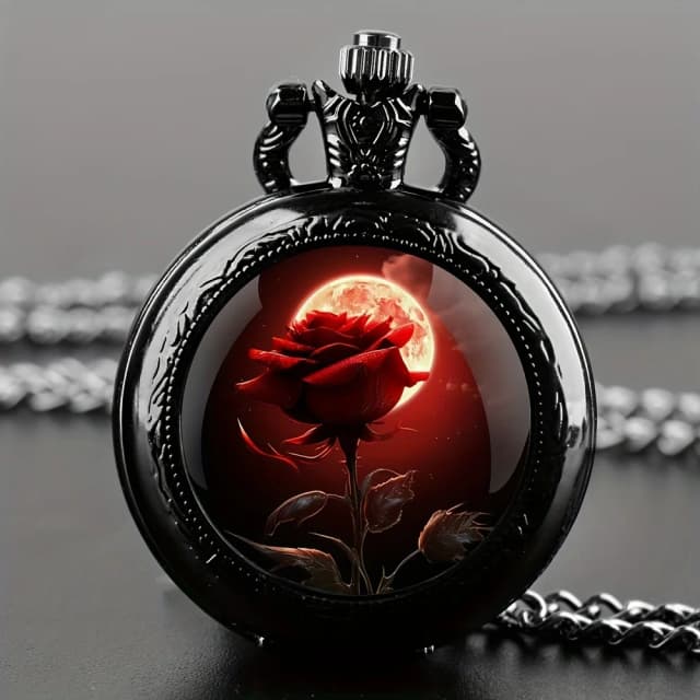 Exquisite spezielle Taschenuhr, romantische Rosenblume, elegante schwarze Uhr mit Halskette, bestes Geschenk für Liebhaber, coole Modeuhren