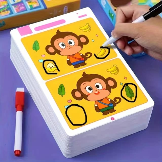 Finden Sie Unterschiede, Kartenspiel, wiederverwendbares Cartoon-Lernpuzzle für Kinder, drei Schwierigkeitsstufen für das Konzentrationsaufmerksamkeitstraining
