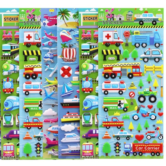 6 Blatt 3D-Blasenaufkleber für Auto, LKW, Flugzeug, Verkehr, wasserdicht, Cartoon-Anime-Aufkleber für Mädchen, Jungen, Kinder, lustiges Lernspielzeug