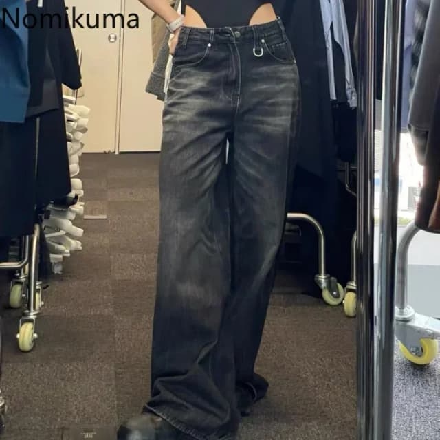 Pantalon Femme Herbst Winter Breite Bein Hosen Hohe Taille Lose Jeans Frau Vintage Street Fashion Harajuku Y2K Hose Hosen
