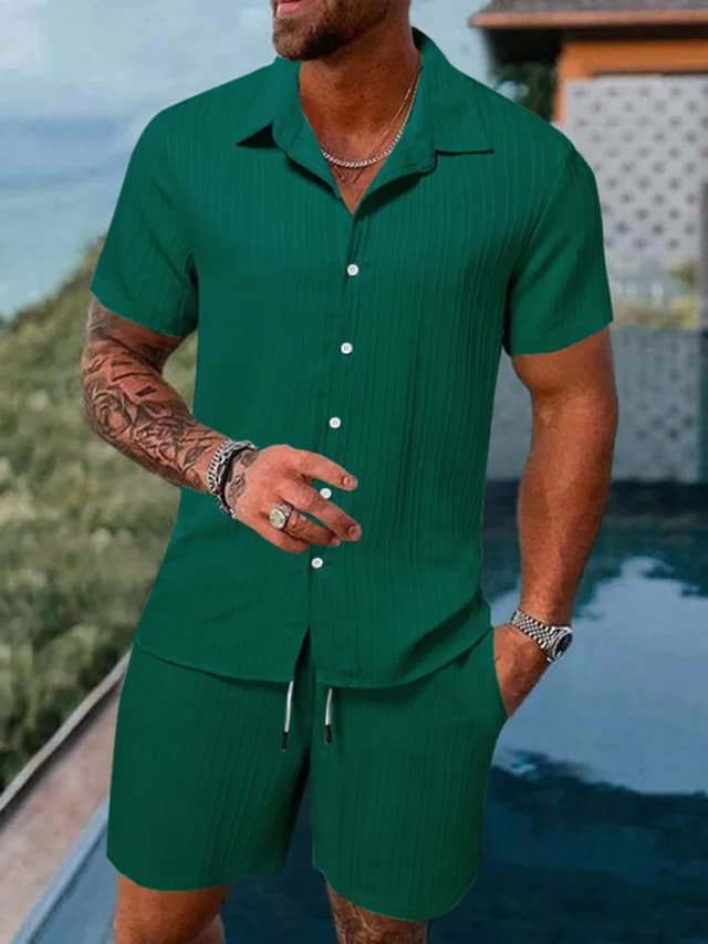 Frühling Und Sommer Neue Sport männer Polo Casual Einfarbig Lose Kurzen ärmeln Kordelzug Shorts Strickjacke Gestreiften Sport anzug