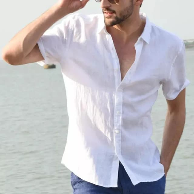 Herren Casual Kurzarmhemd Street Wear Revers Knopf Einfarbig Baumwolle Leinen Hemd für Männer Vintage Urlaubsbluse M-3XL